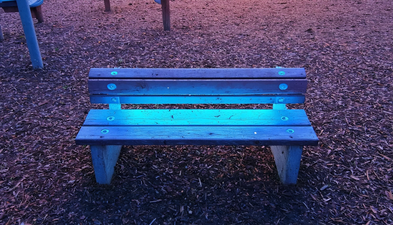 An empty playground bench glowing with the light of something no one asked to receive.