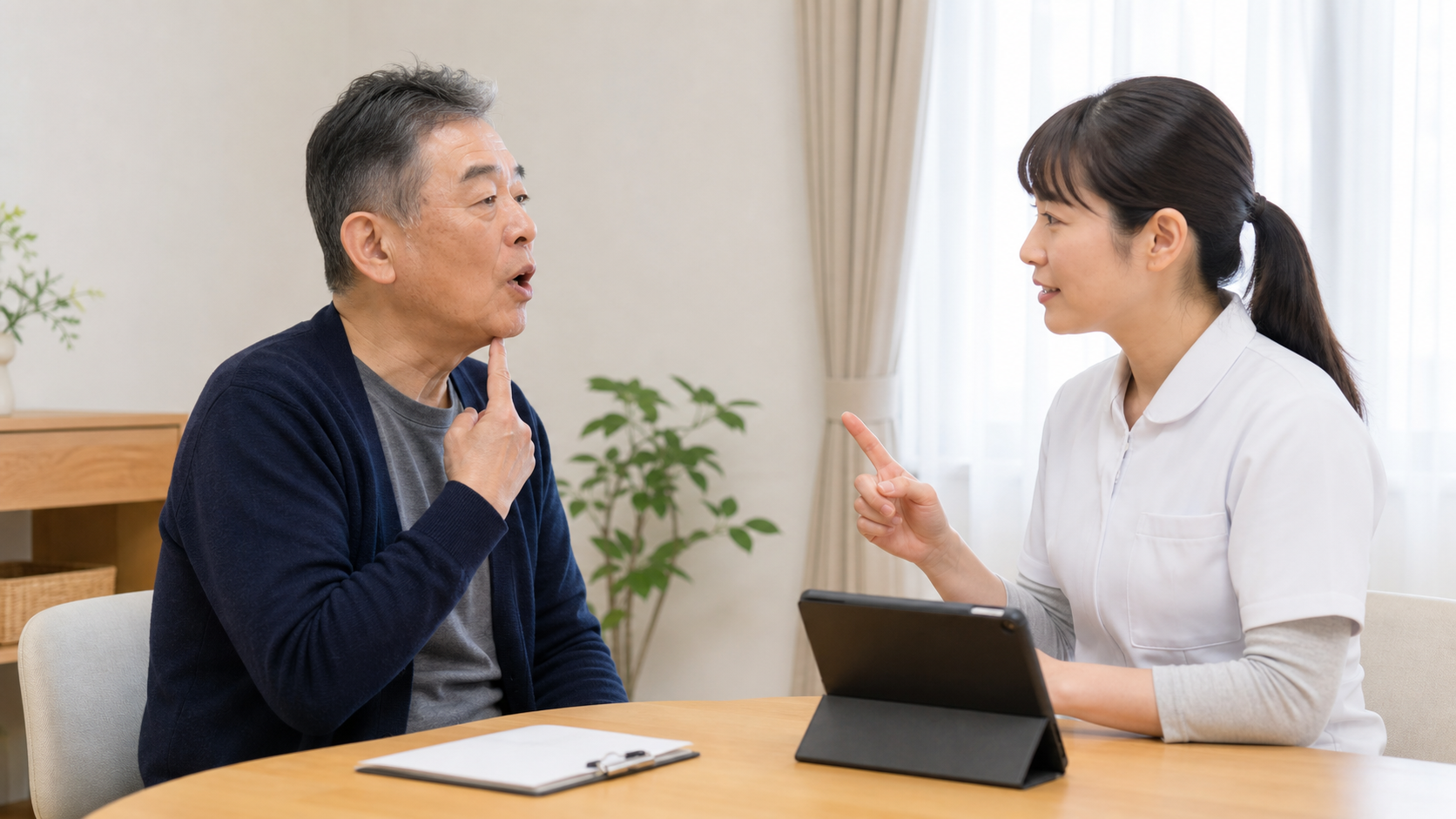 言語聴覚士と発声や発音の練習をするリハビリ場面