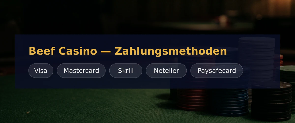 Beef Casino — Zahlungsmethoden: Visa, Mastercard, Skrill, Neteller, Paysafecard