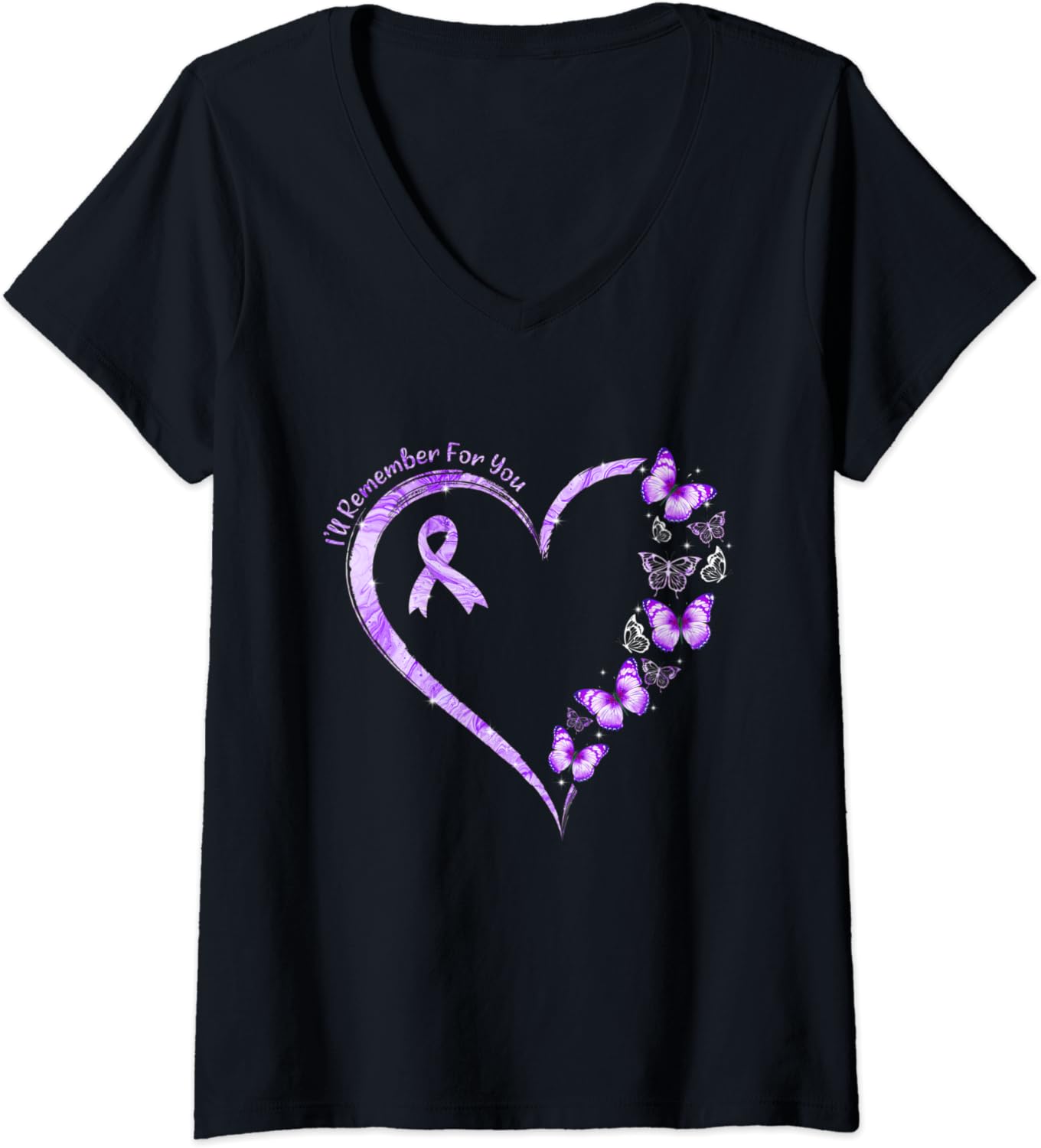 I'll Remember For You Purple Butterfly Alzheimer's Ladies' V-Neck Tshirt
