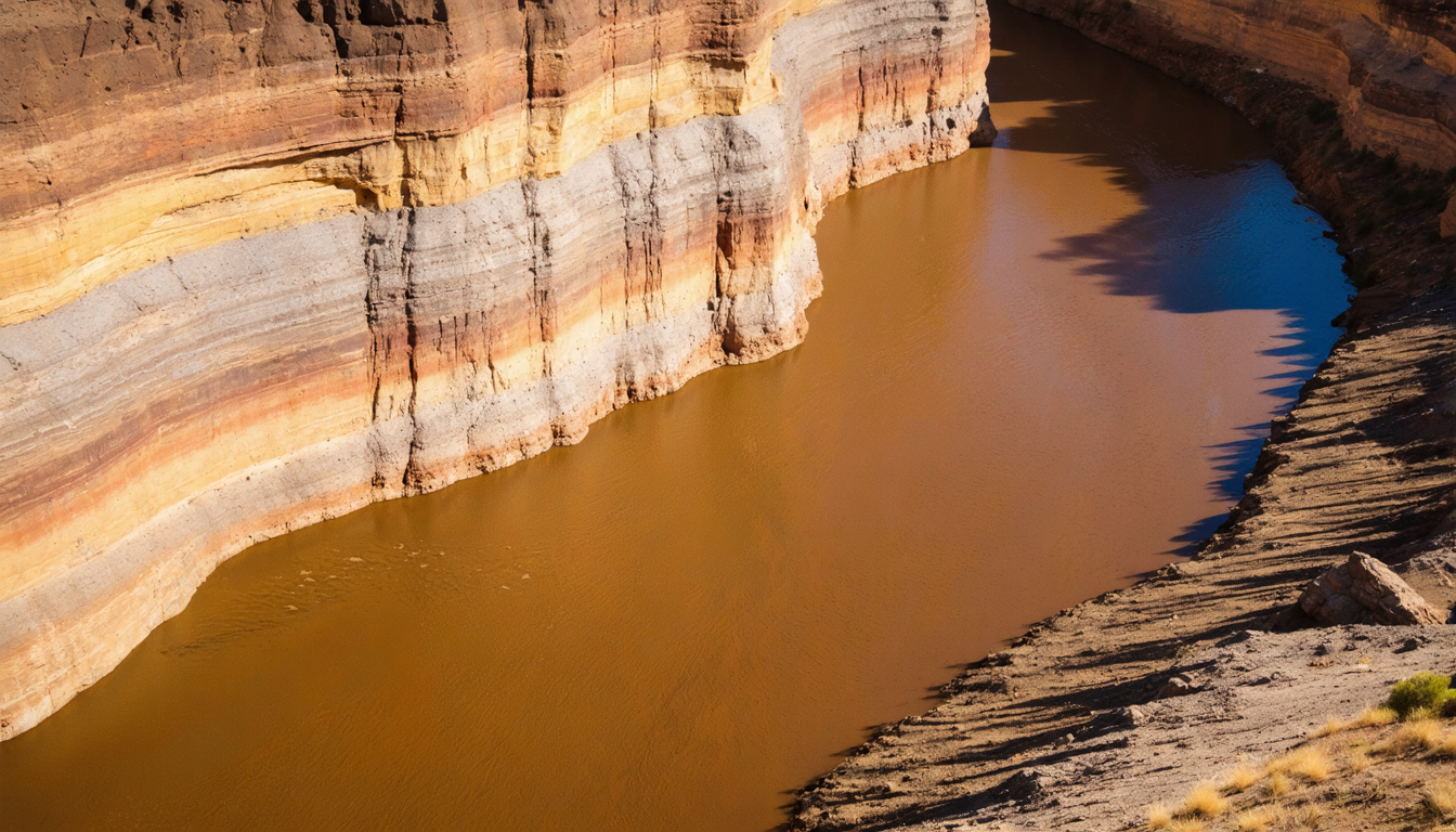 Aerial view of a river cutting through layered canyon rock, the water visibly carrying sediment, the carved walls showing geological time.