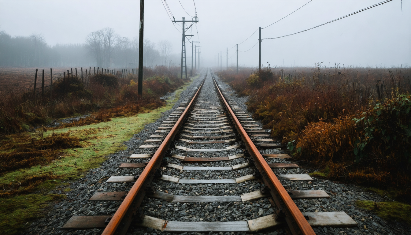 An abandoned railway line curving into fog, its rusted rails dividing wild grass under cold grey light, the instrument outliving the intention that laid it.
