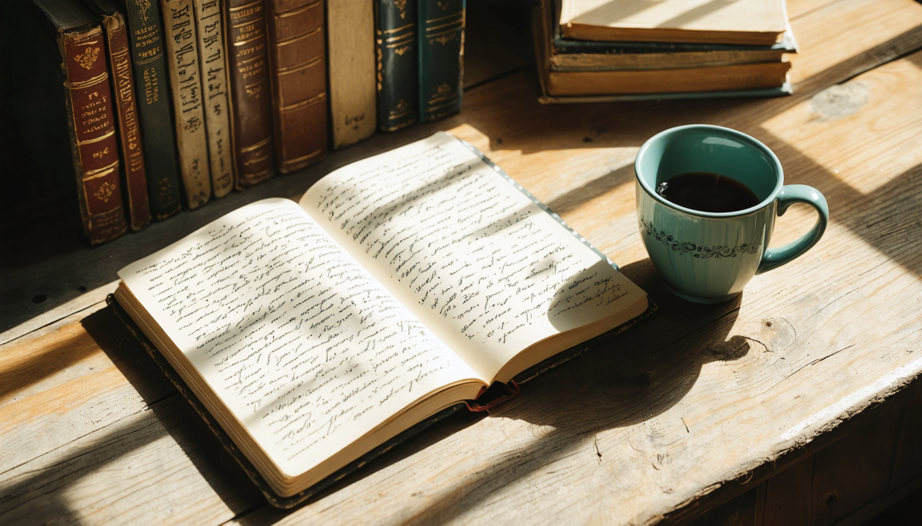 An open handwritten notebook on a worn wooden desk beside a ceramic coffee cup, morning light casting long shadows across dense cursive writing.