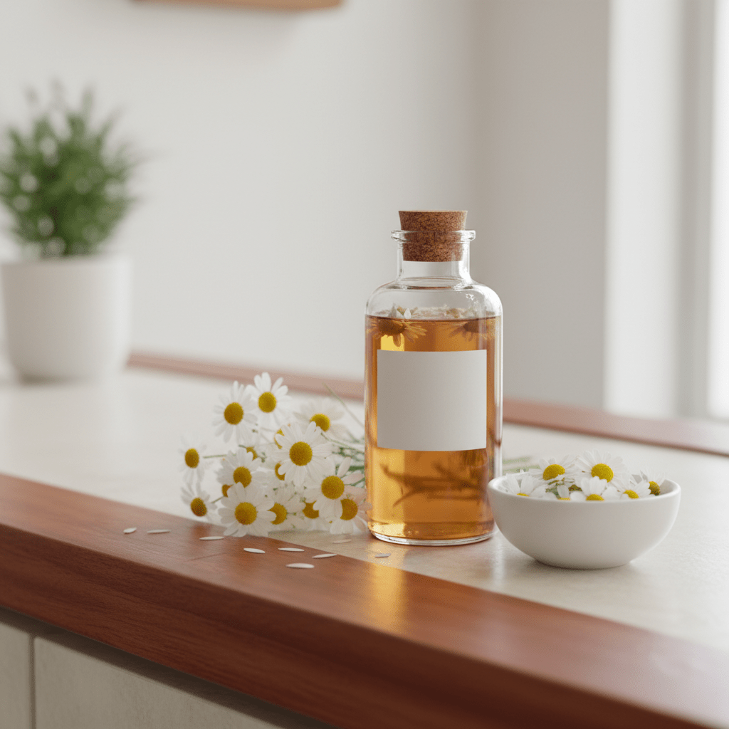 Chamomile hydrosol bottle and flowers on a spa counter