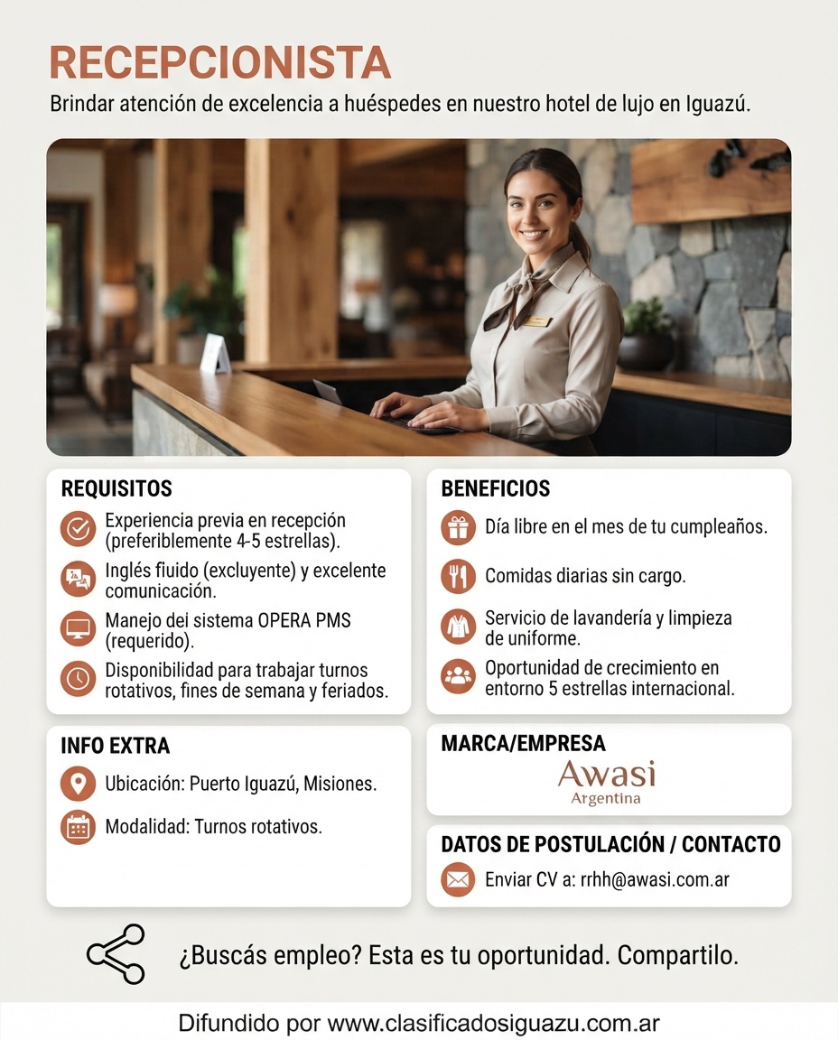 Se Busca Un / Una Recepcionista en Puerto Iguazu