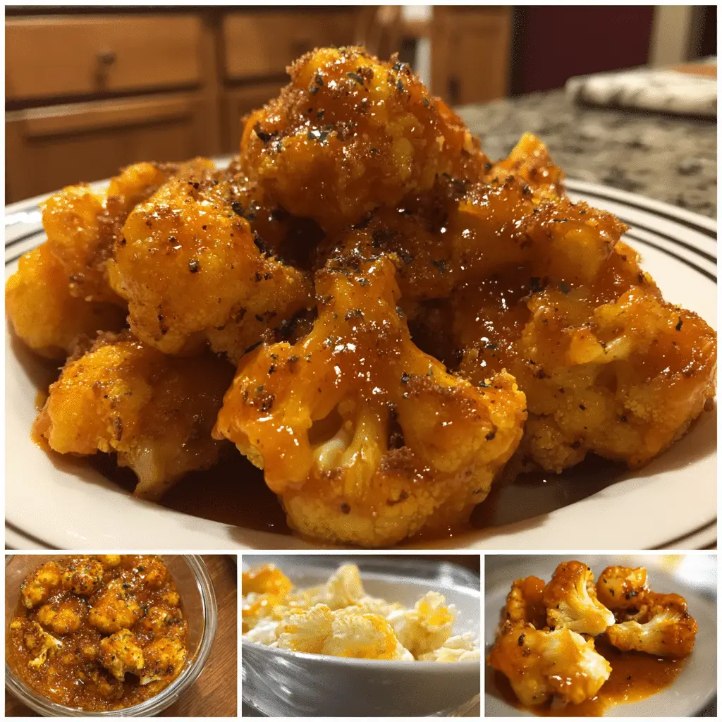 Plate of crispy cauliflower buffalo wings coated in spicy sauce, served with celery sticks and ranch dip.
