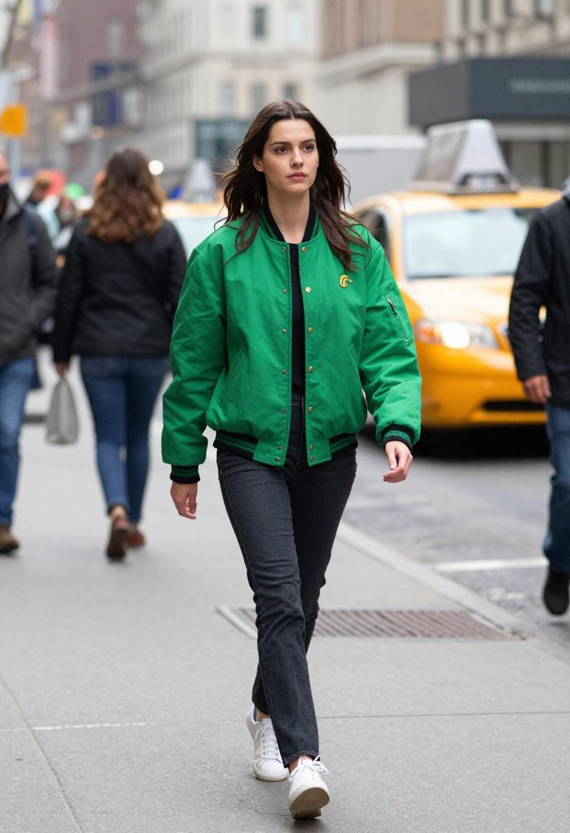 Woman in an electric green varsity jacket with black trim walking on a city street