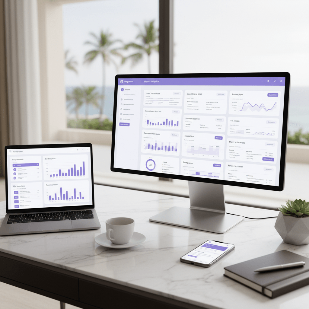 A resort analytics dashboard beside a laptop and phone showing Instagram insights, elegant desk setup