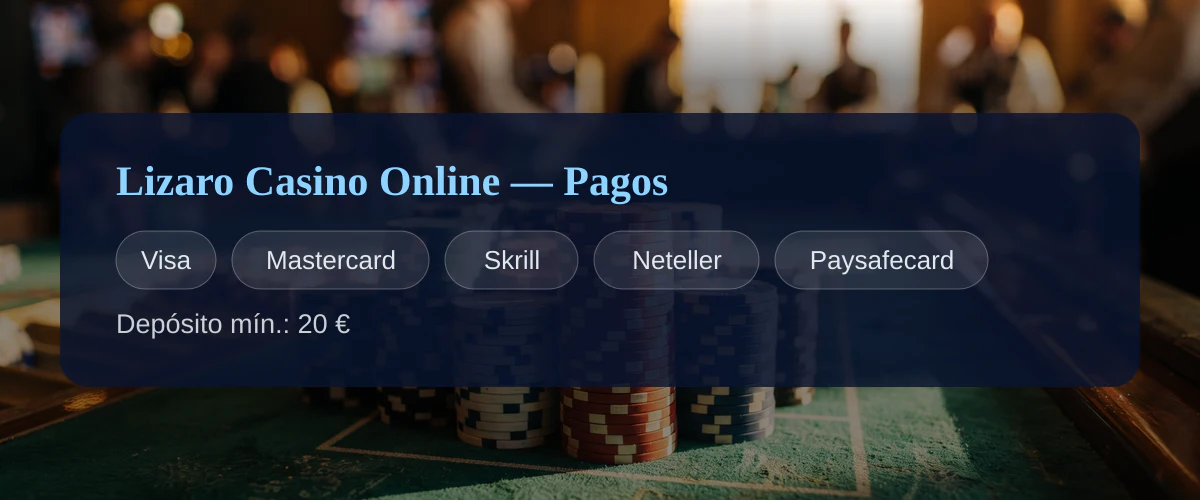 Lizaro Casino Online — Pagos: Visa, Mastercard, Skrill, Neteller, Paysafecard