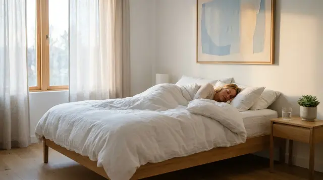 Person sleeping peacefully in minimalist sunlit bedroom conveying restful wellness