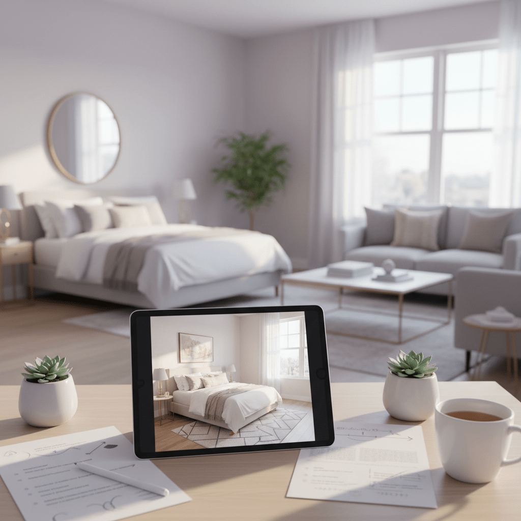 An organized Airbnb listing optimization scene with a bright cover photo on a tablet, neatly staged bedroom and living room in the background, clean modern interiors, natural light