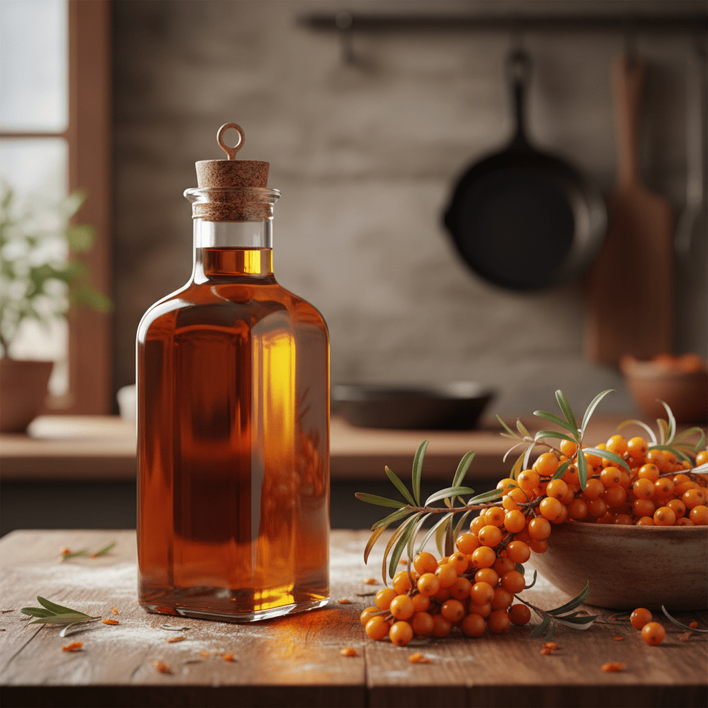 A bottle of vivid orange sea buckthorn oil beside fresh berries in a rustic kitchen
