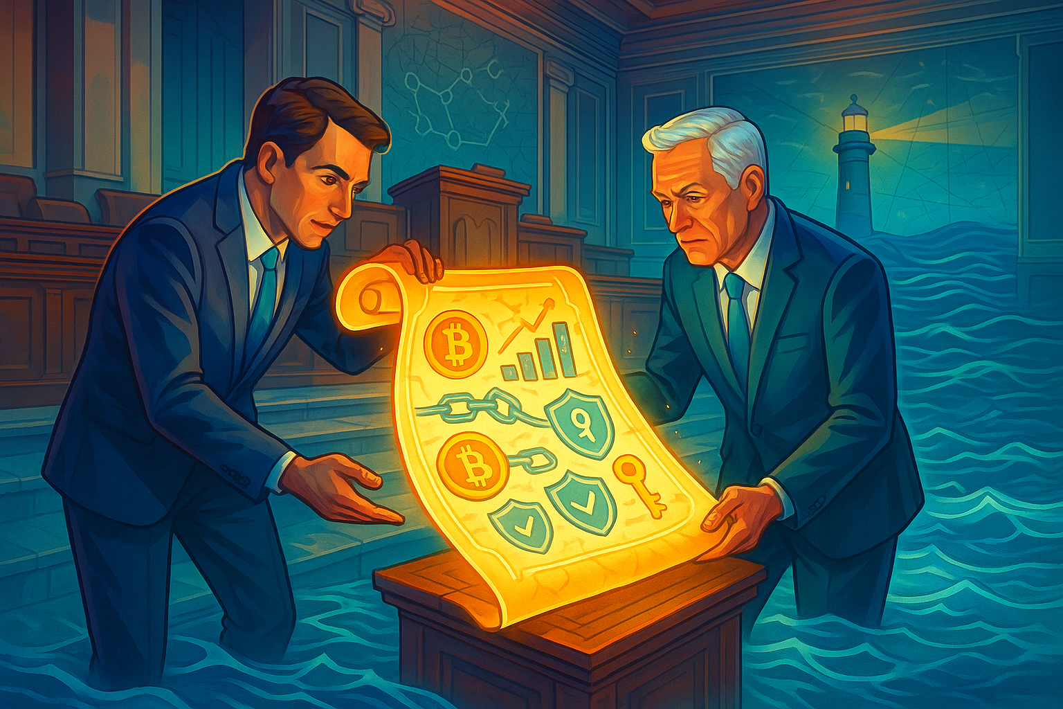 Illustration of US senators introducing a bill to shift cryptocurrency regulation from the SEC to the CFTC