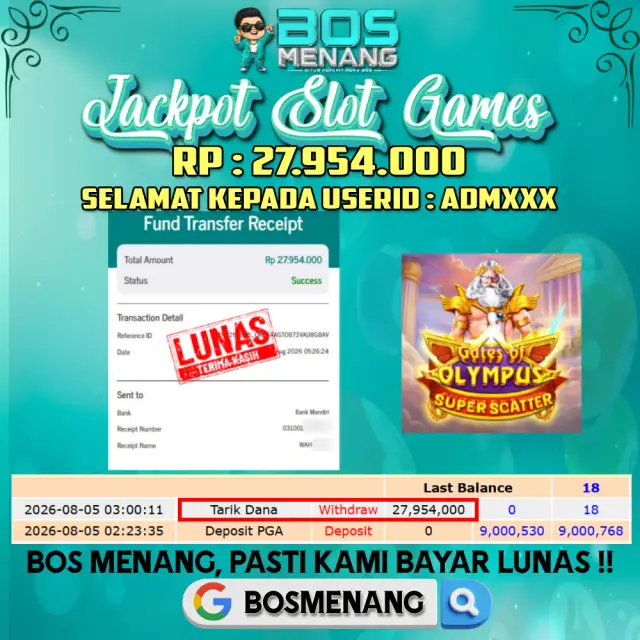 Tanggal 05 AGUSTUS 2026 - JACKPOT SLOT GAMES - Gates Of Olympus Super Scatter (Pragmatic Play) Rp 27.954.000,-