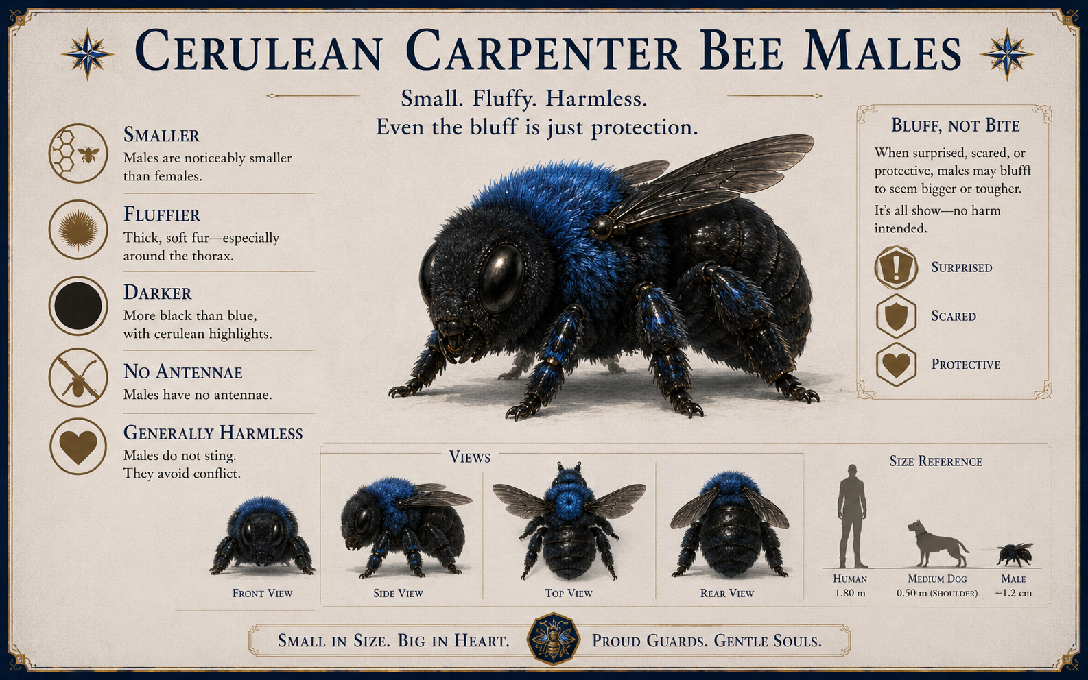 Cerulean carpenter bee males, smaller, fluffier, harmless, and prone to bluffing.