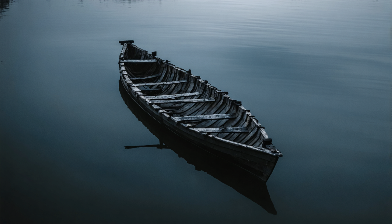 The charred skeleton of a small boat at a misty shoreline — freedom purchased by the elimination of every alternative.