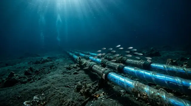 Submarine fiber optic cables on dark ocean floor glowing blue, deep underwater scene