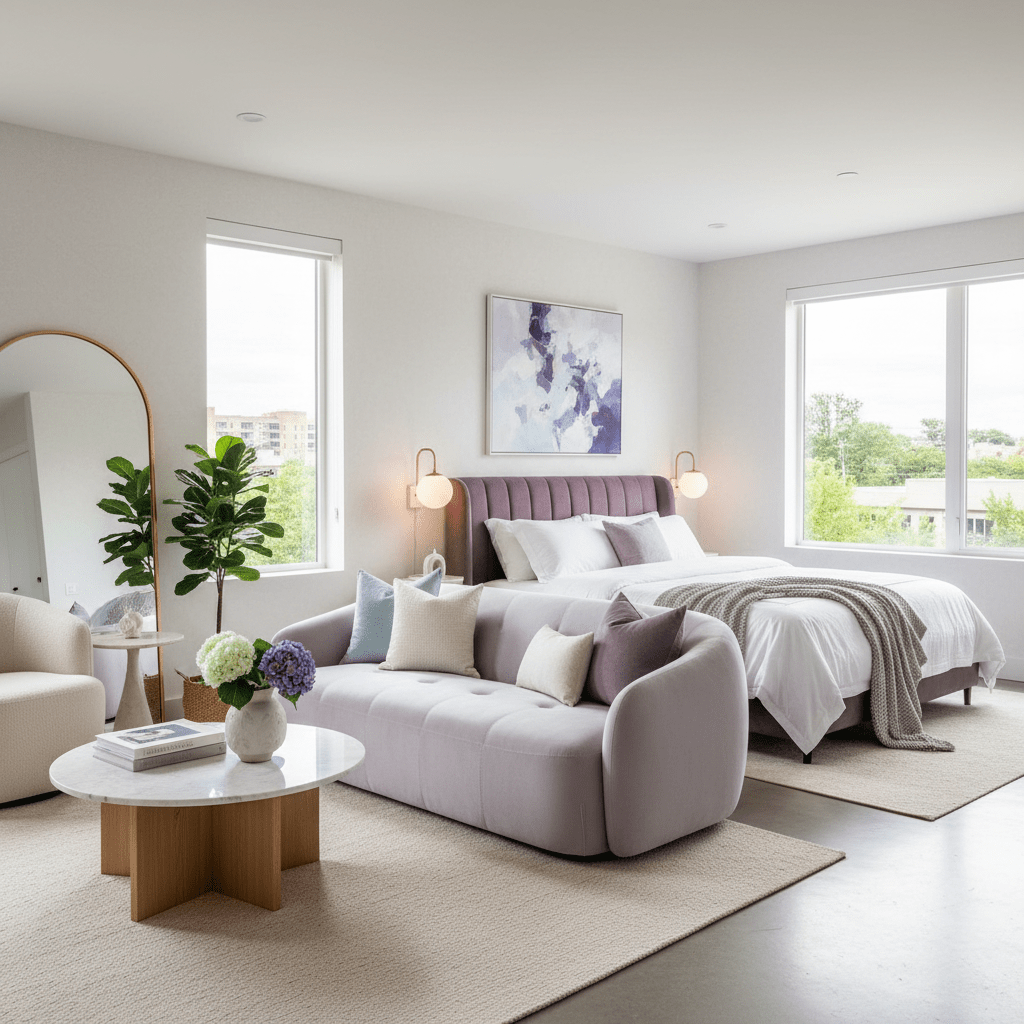 Bright, professionally staged Airbnb living room and bedroom hero shot