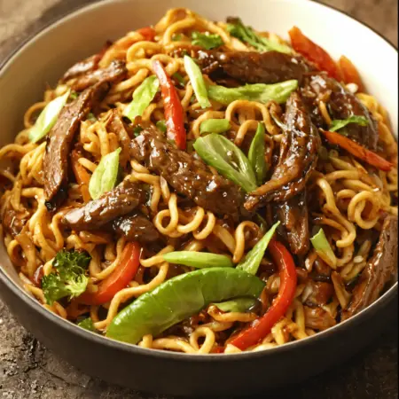 Sticky Beef Noodle Stir-Fry Dish