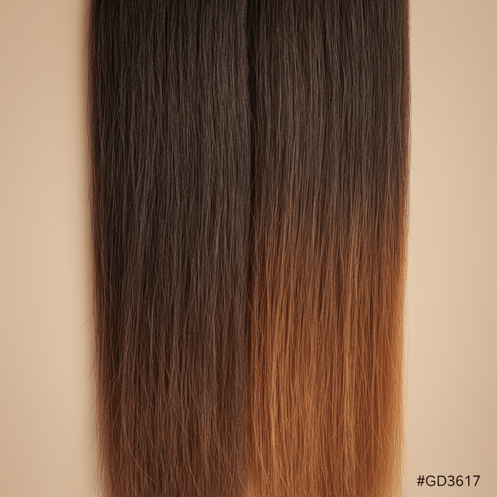 Hair strands showing subtle shade difference from oil use on a neutral background