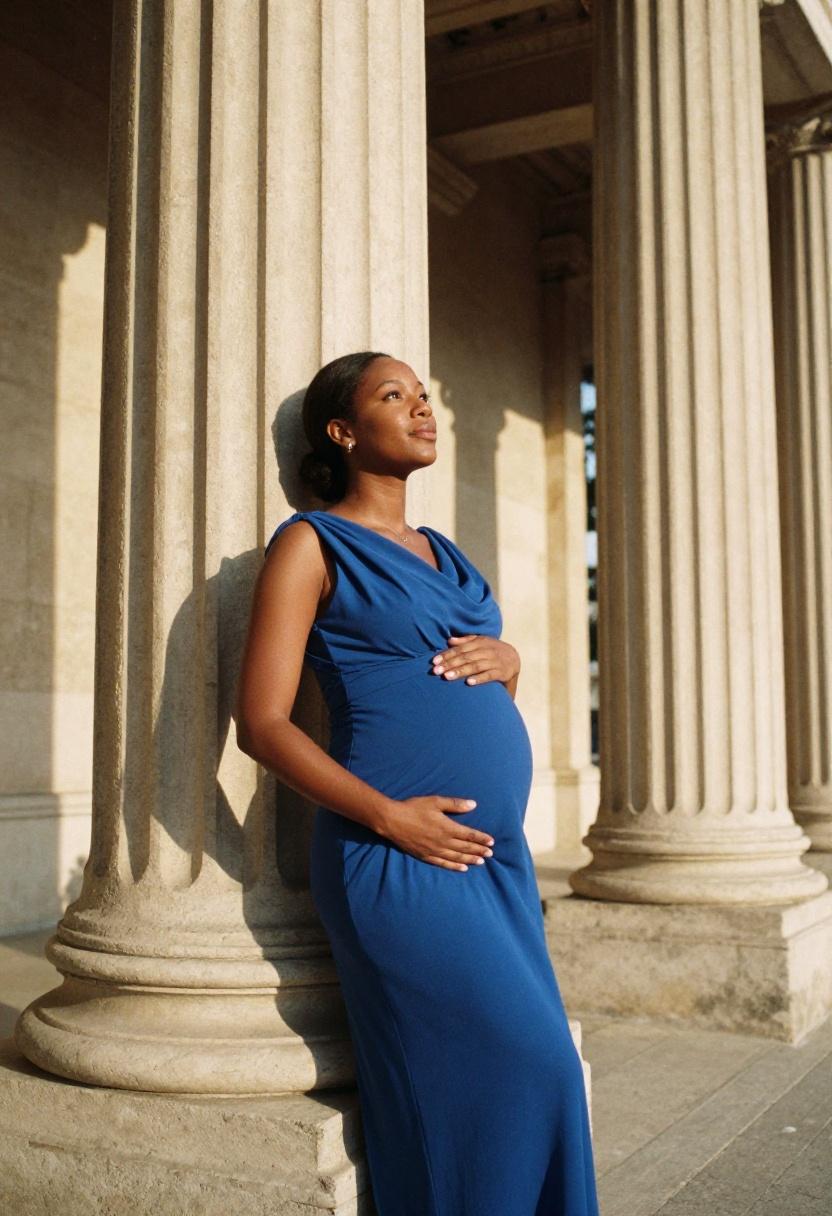 Woman in cobalt blue empire-waist gown accommodating a baby bump at a summer black tie wedding