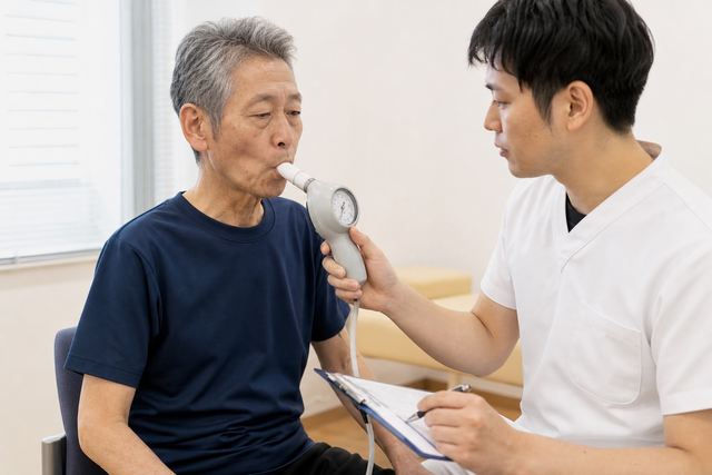 専門職が測定器を使って高齢者の呼気圧を評価する場面