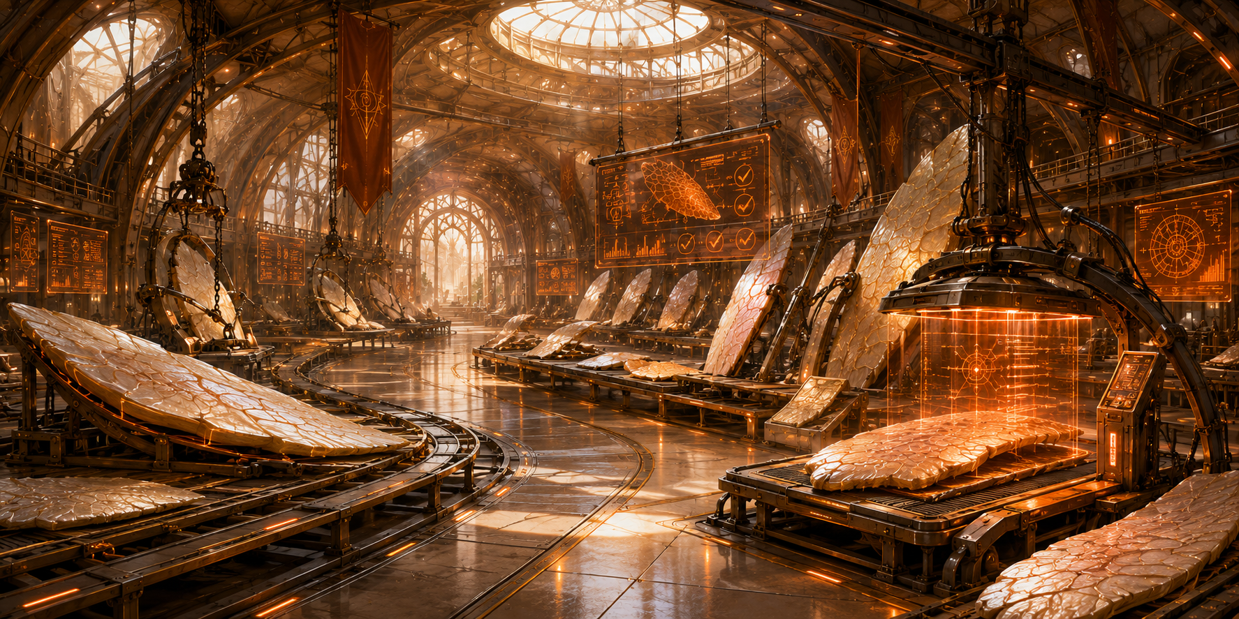 The Molt Harvest and Sorting Zone, a Workyards hall where large shed plates are inspected and sorted.