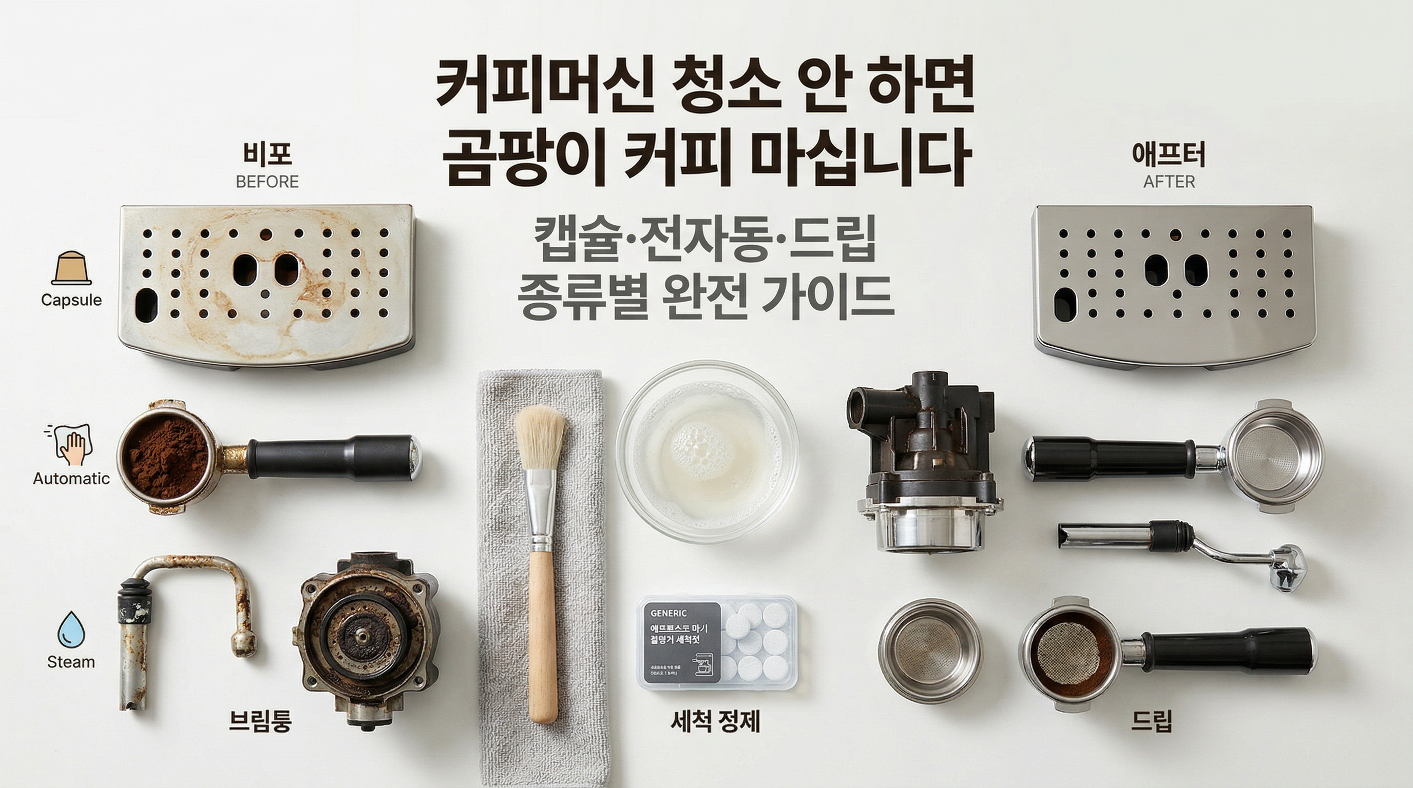 에스프레소 머신에서 분리한 드립 트레이·포터필터·스팀완드 노즐 등 부품과 솔·세제를 흰 조리대에 펼쳐놓은 분해 청소 장면