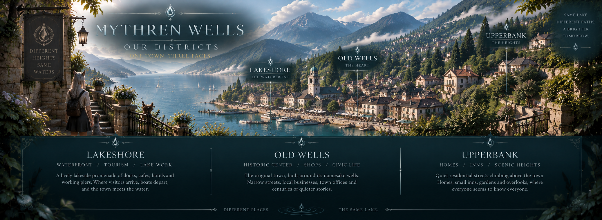An elevated view across Lakeshore, Old Wells and Upperbank in Mythren Wells.