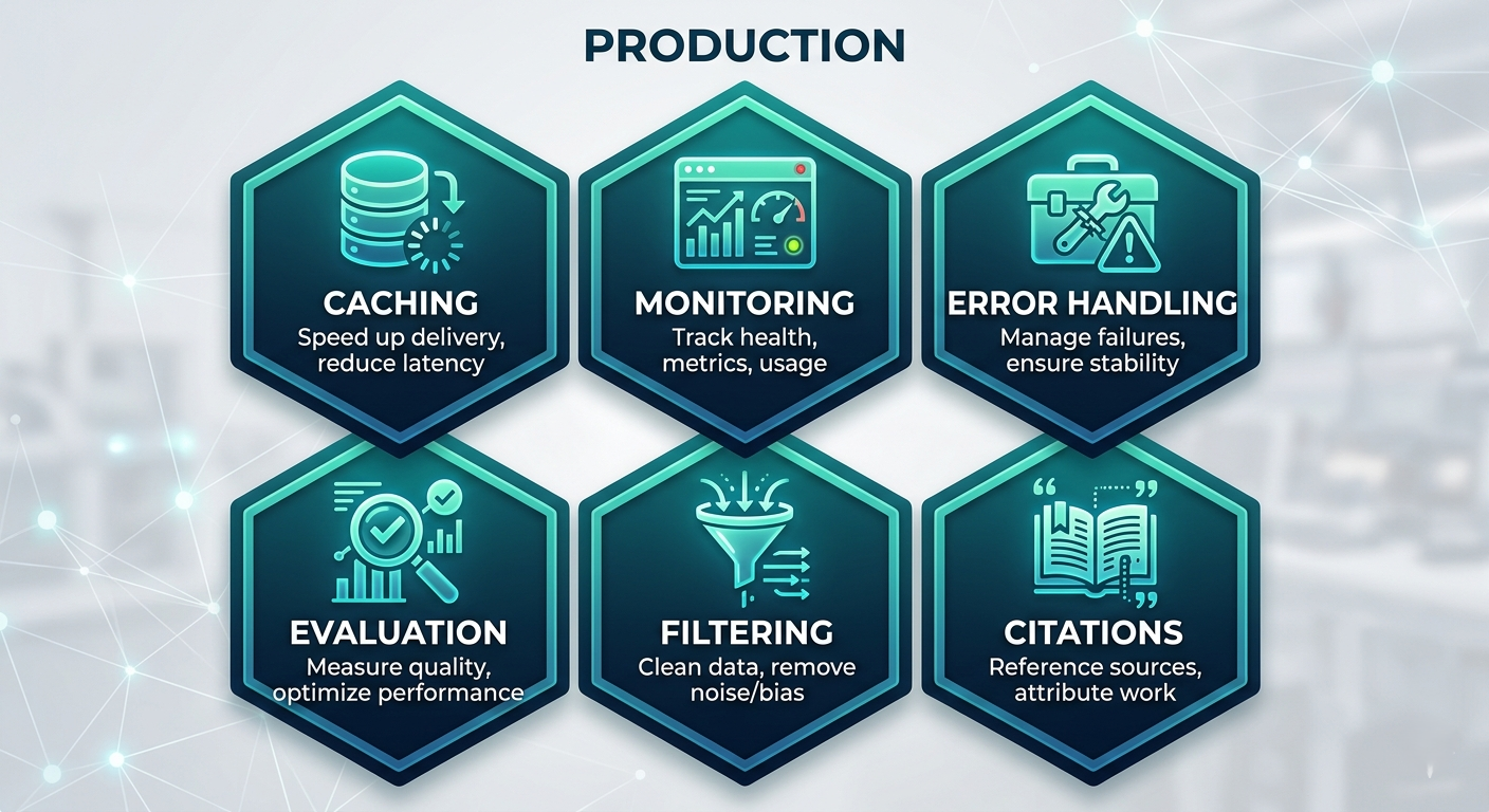 RAG production architecture diagram showing caching layer, monitoring dashboards, error handling circuit breakers, and evaluation pipeline