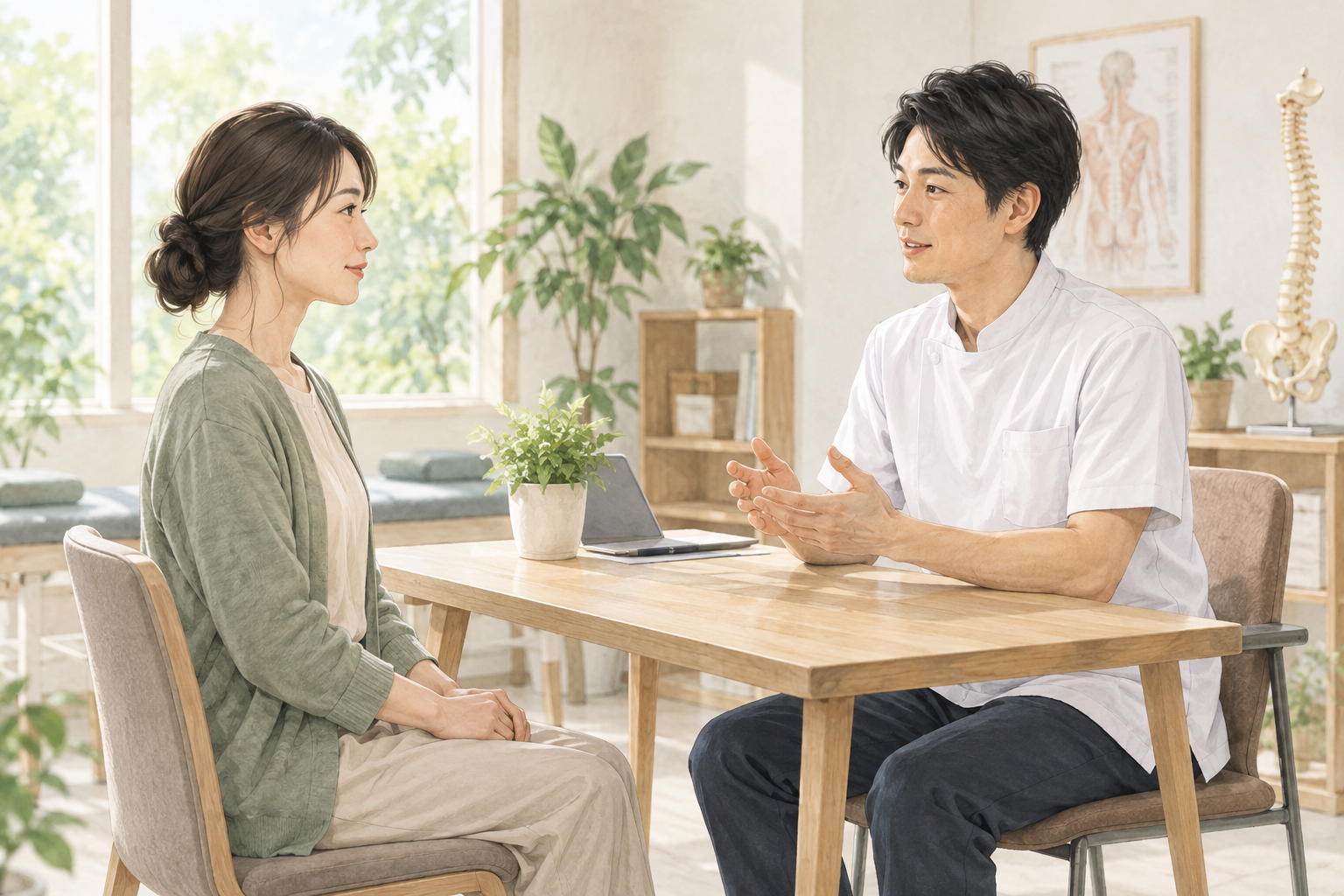首の痛みと生活で困っている場面を相談する場面