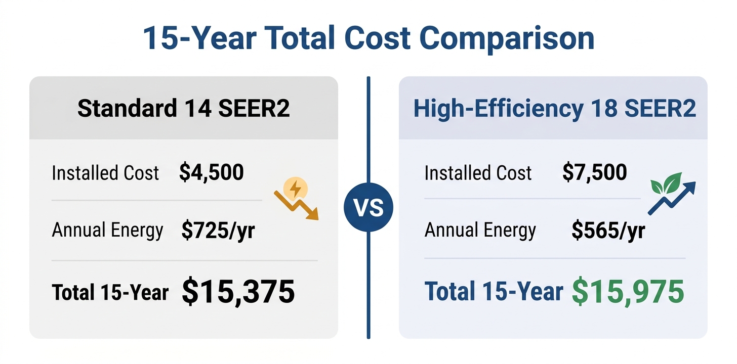Side-by-side 15-year total cost comparison between standard and high-efficiency HVAC units