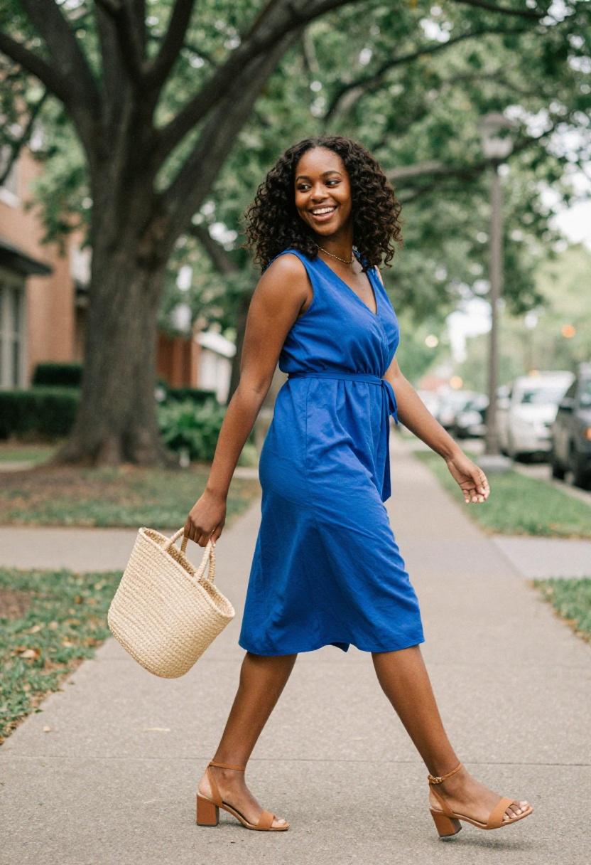 Cobalt wrap sundress with straw tote bag for a cheerful spring weekend look