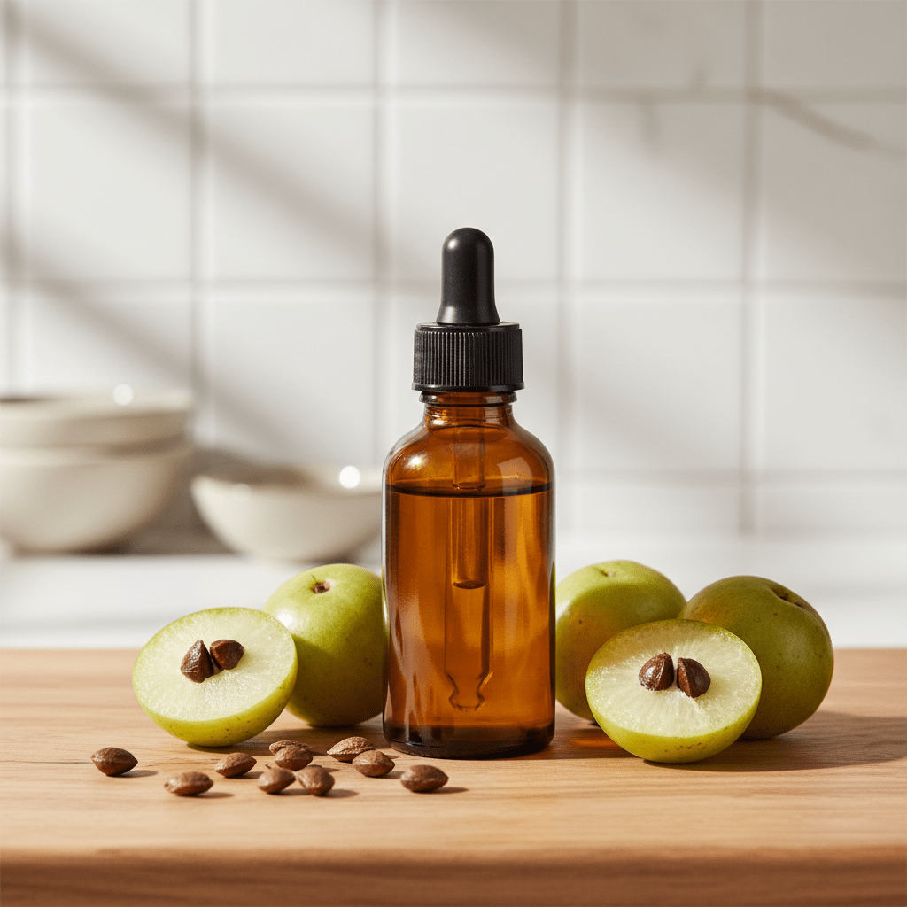 Photorealistic premium amla seed oil bottle with fruits and seeds