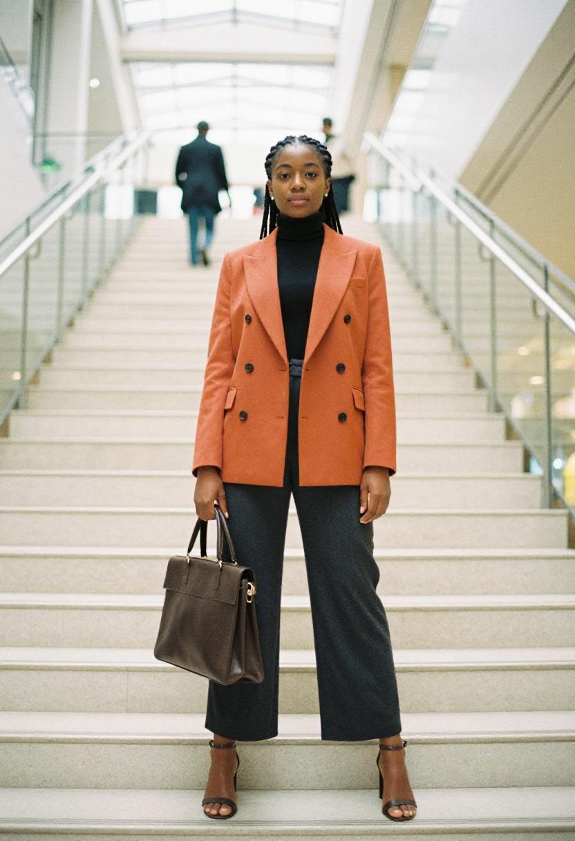 Burnt orange double-breasted blazer and wide-leg trousers for boardroom