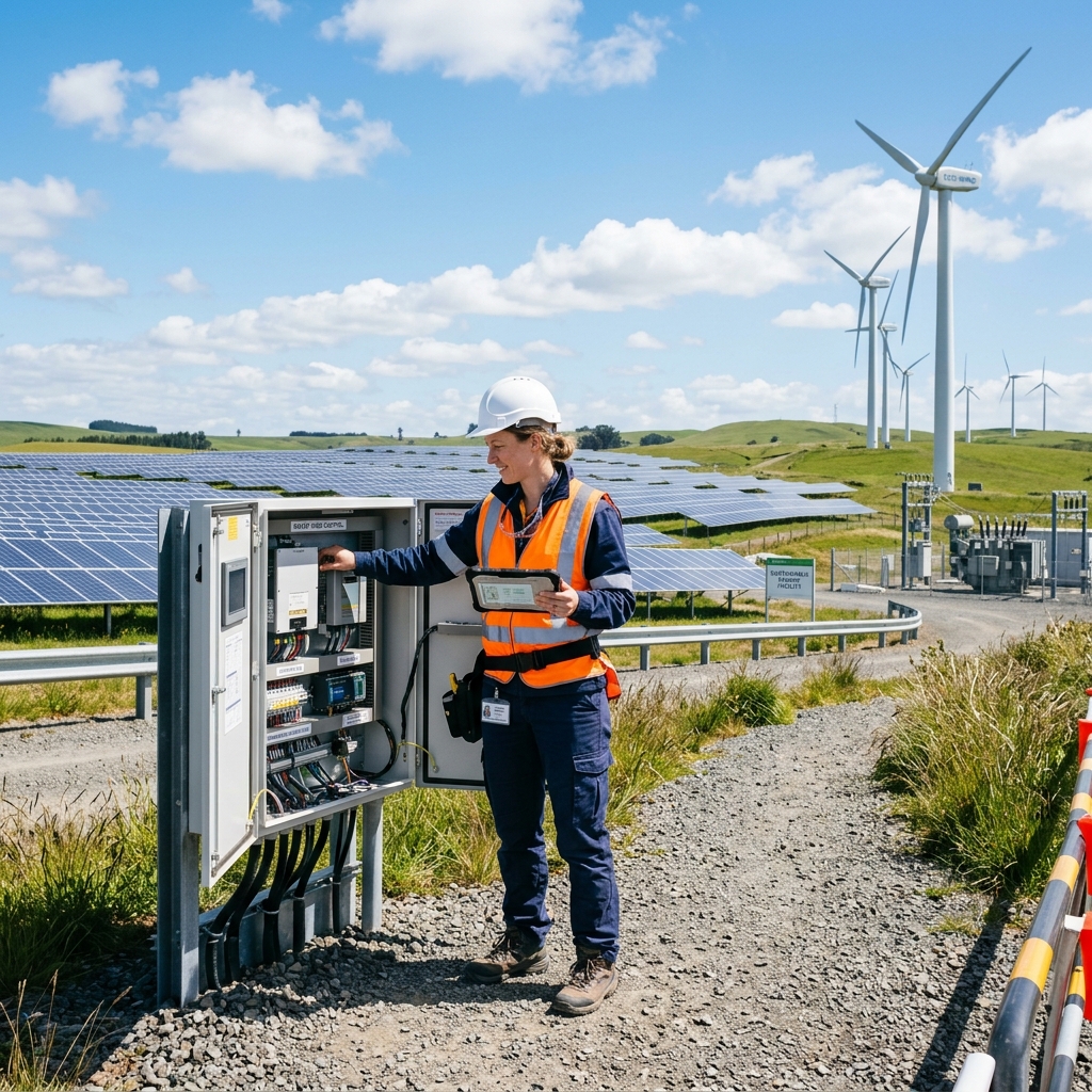Ingeniero ambiental instalando paneles solares y turbinas eólicas en un campo verde