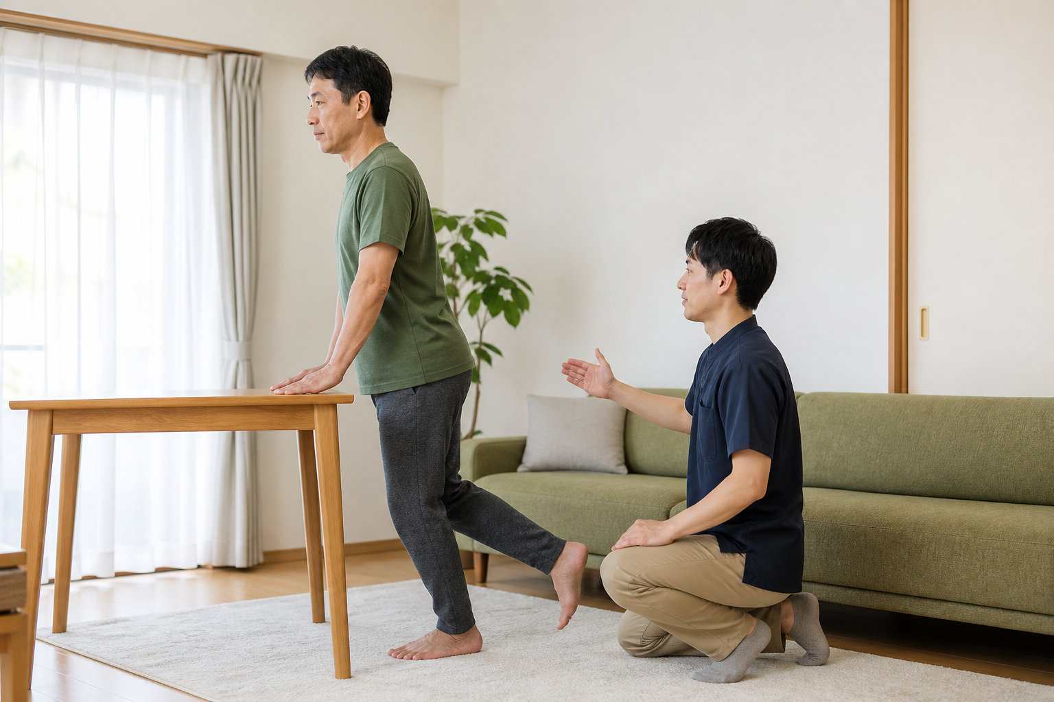 専門職の見守りのもとで無理のない範囲の軽い運動を行う様子