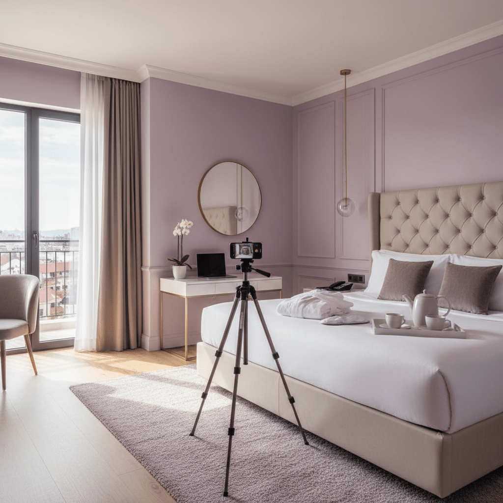 Hotel staff creating content in a bright room tour setting