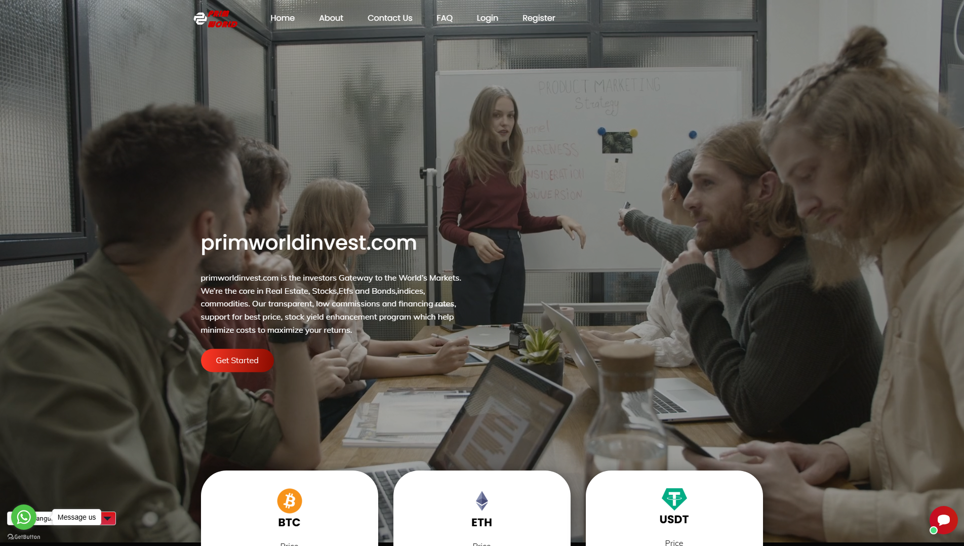 Forensic screenshot of primworldinvest.com showing the phishing page layout