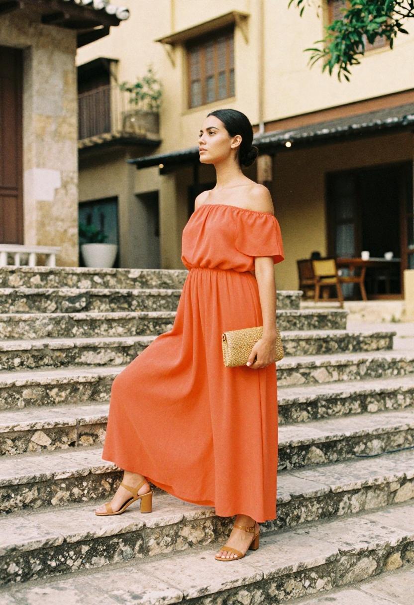 Tangerine off-shoulder maxi dress for outdoor summer wedding