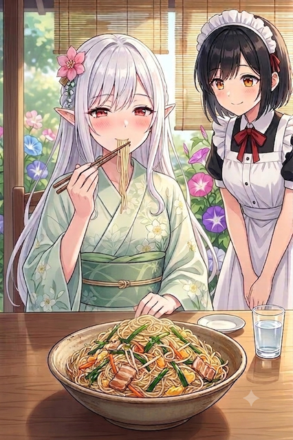 羽藤柚葉お手製のそうめんチャンプルーをいただくアーチェロ.png
