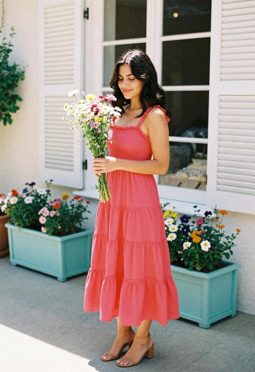 Fuchsia smocked tiered maxi dress on a flower-filled patio for a spring afternoon