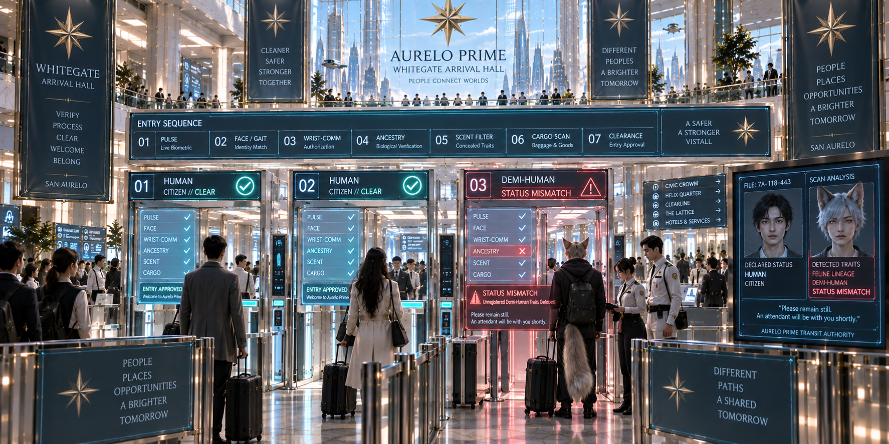 Aurelo Prime Whitegate Arrival Hall showing recognized human lanes and a demi-human status mismatch during biometric processing.
