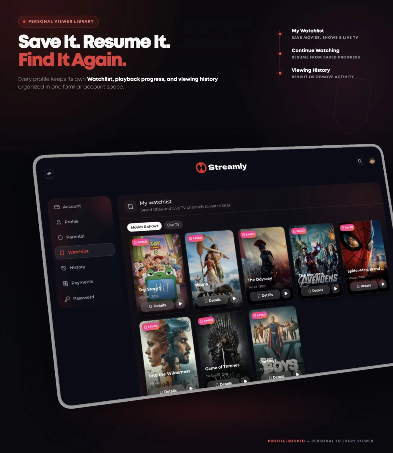 Streamly personal viewer library with profile-specific Watchlist, Continue Watching progress, viewing History, saved movies, TV shows and Live TV channels