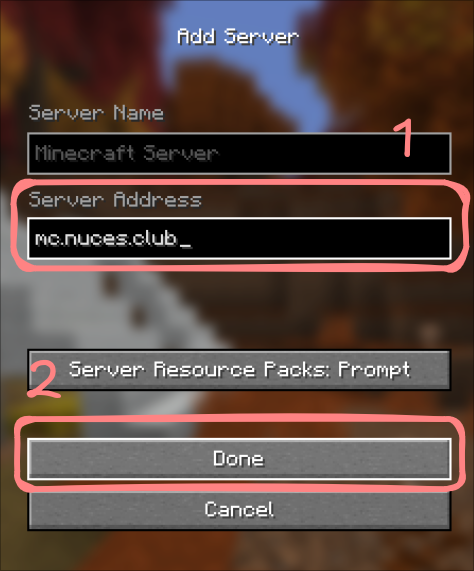 Typing the server name and address, then clicking Done
