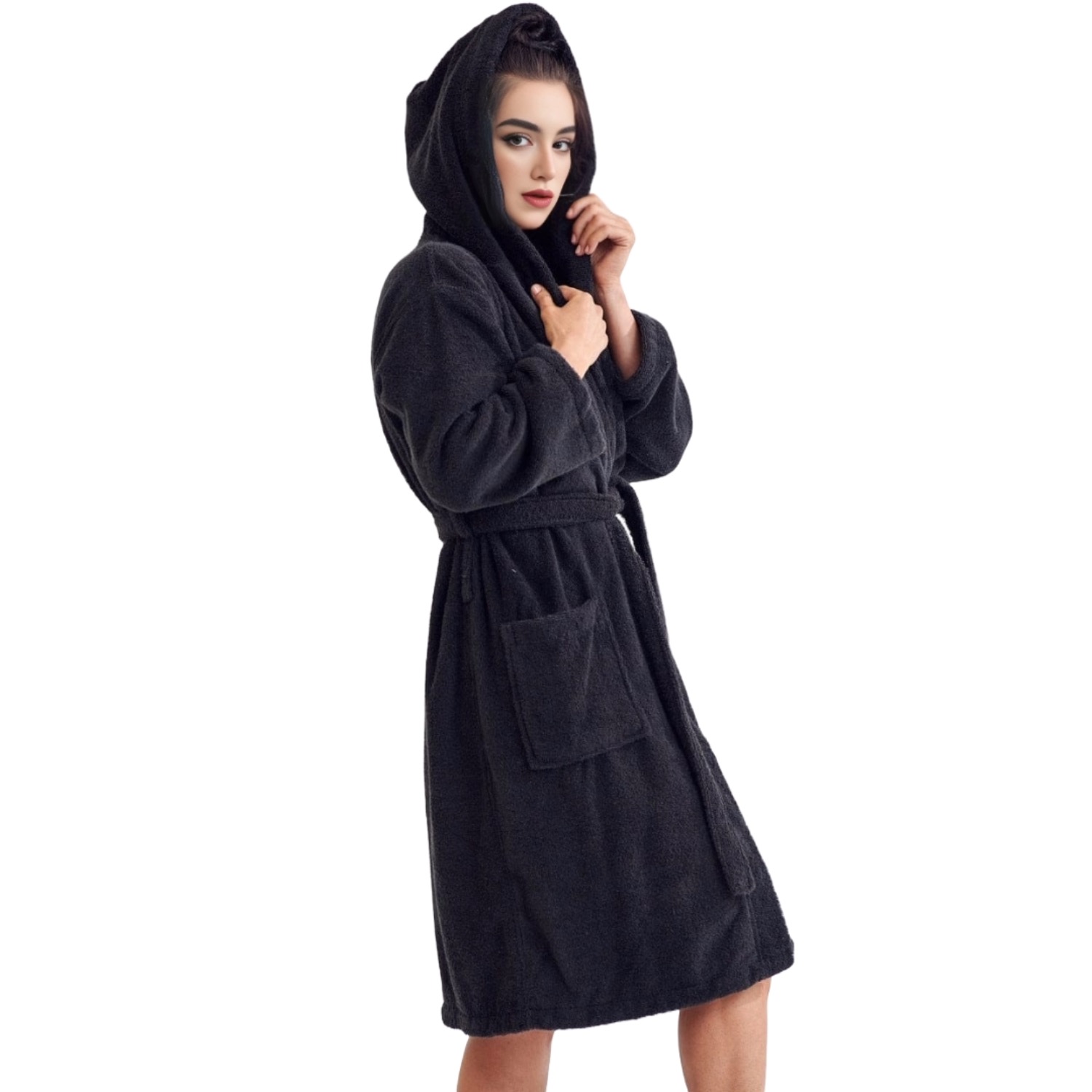 Women's Terry Black Bathrobe, Hooded (Small/Medium) | Soft, Comfy, and Absorbent | for After the Shower or Spa view 2