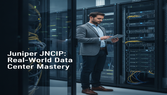 Juniper JNCIP: Real-World Data Center Mastery A male network architect confidently reviewing data on a tablet in a modern data center, surrounded by Juniper QFX and MX series networking equipment, signifying the real-world impact of Juniper JNCIP data center certification.