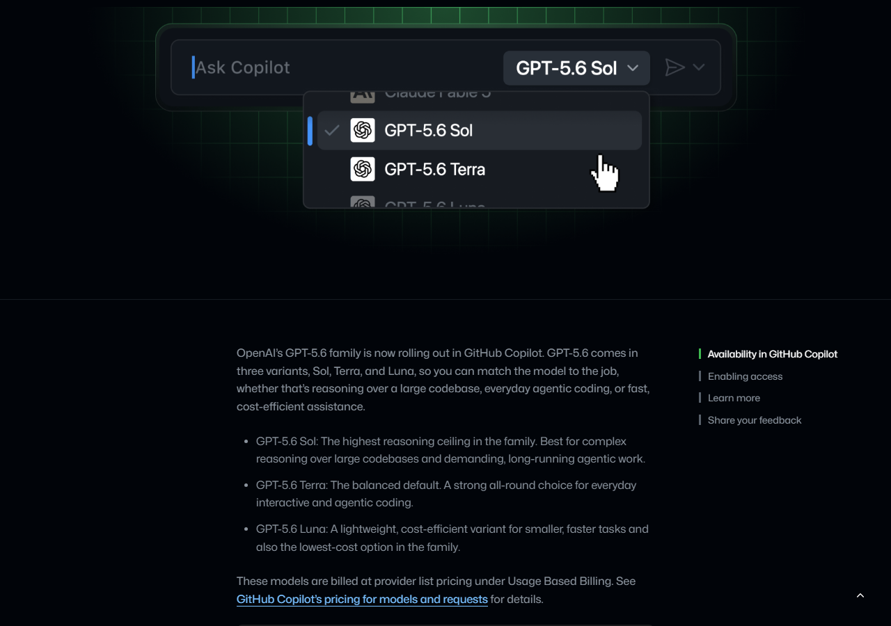 GitHub Copilot model picker showing GPT-5.6 Sol, Terra, and Luna variants