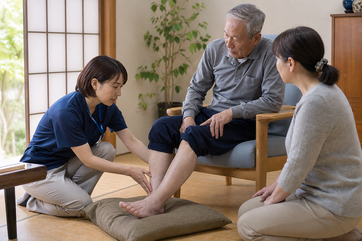 訪問リハビリで下肢の状態を本人と家族と確認する場面