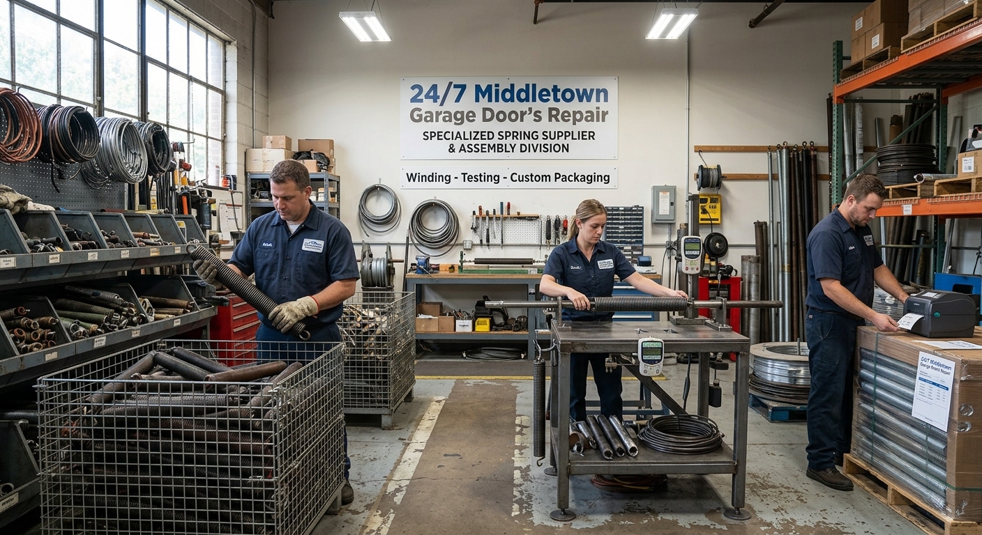 Garage door spring repair technician working on a torsion spring in Middletown NJ